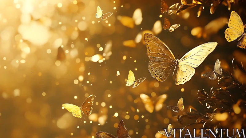 Golden butterflies drift through luminous bokeh dusk field.