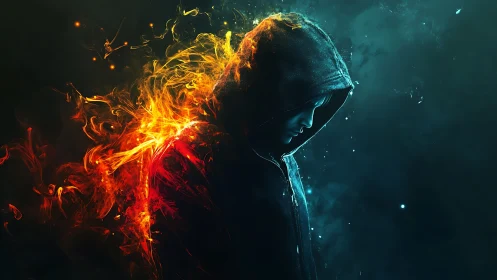 Hooded figure stands in profile amid stylized flame and smoke