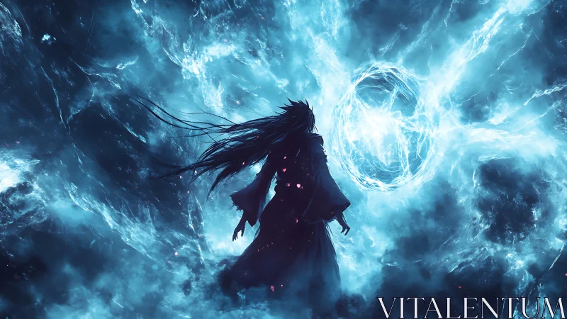 Dark robed figure faces glowing portal in blue storm vortex.