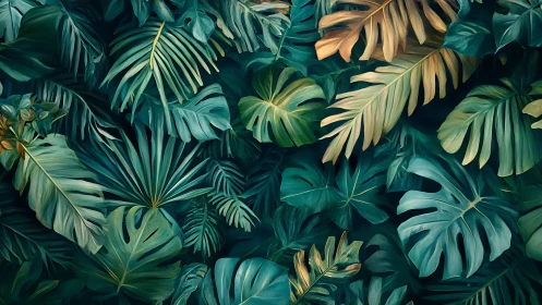 Dense composition of overlapping stylized tropical foliage