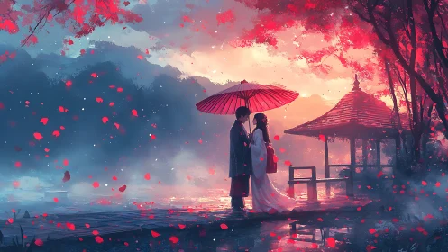 Digital painting of romantic couple under umbrella on pier.