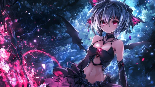 Midnight bat-winged girl glowing in a spellbound forest.