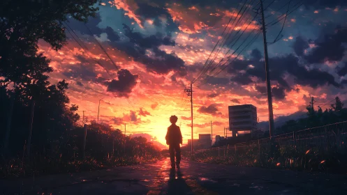 Silhouetted figure walks under vivid urban sunset sky.