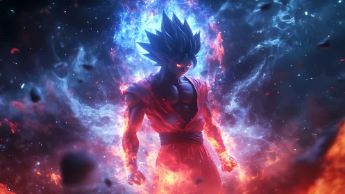 Fiery anime warrior channels dual blue and red cosmic power.