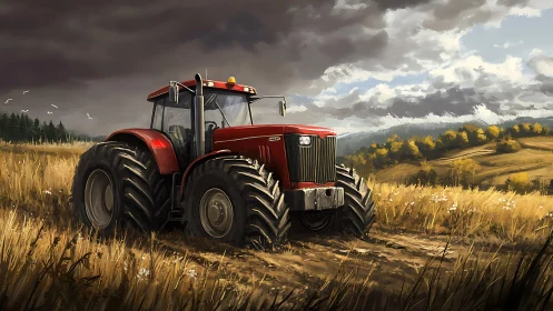 Red tractor stands in golden field under gathering storm clouds