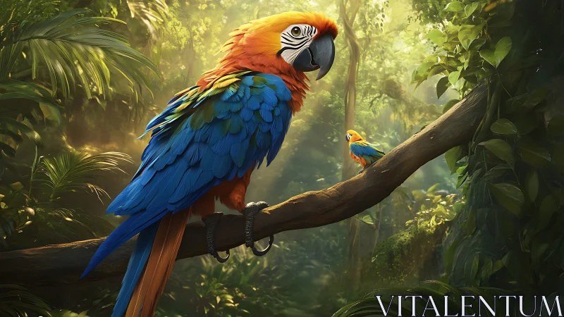 Vibrant macaws on lush jungle branch, digital realism artwork.