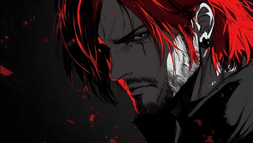 Brooding red haired antihero in dramatic shadowed closeup.