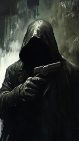 Hooded gunman in chiaroscuro lighting with textured brushwork.