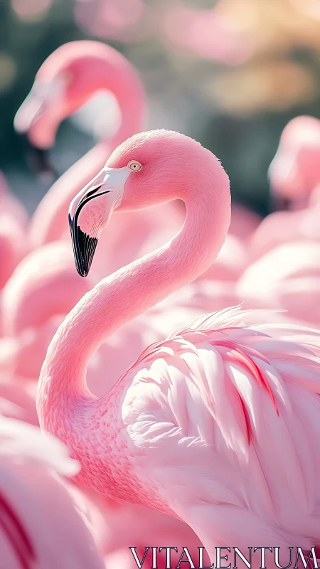 High-key telephoto portrait of sunlit pink flamingo plumage