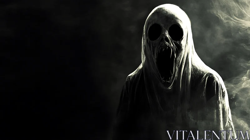 Shrouded skeletal ghost figure in dense swirling smoke.