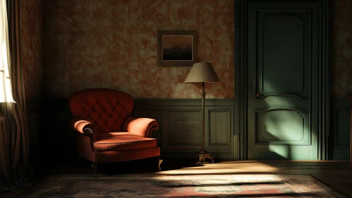 Sunlit vintage armchair in a quiet, shadowed interior.