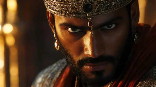 Close portrait of crowned man in directional warm lighting