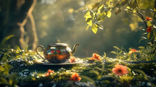 Whistling copper teapot basking in mossy woodland glow.