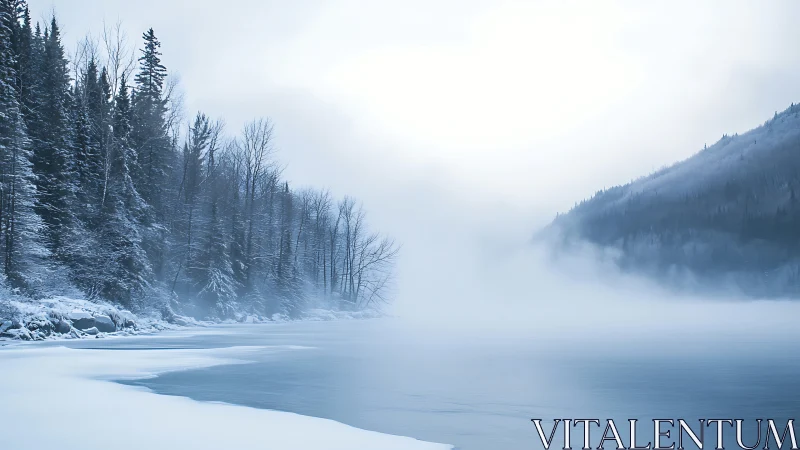 Winter forest shoreline wrapped in fog over frozen lake.
