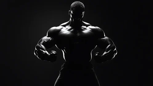 Silhouetted bodybuilder showcases extreme muscular definition.