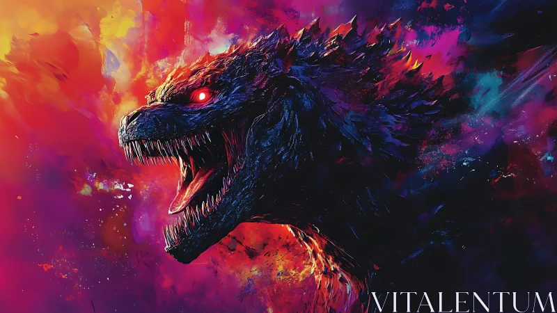 Roaring neon kaiju head amid blazing cosmic stormscape.