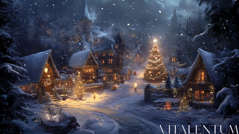 Snowy Christmas village with glowing tree and cottages.