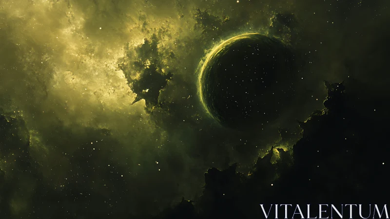 Dark spherical planet within green nebular starfield zone.