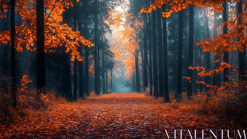 Deciduous woodland corridor with golden foliage and atmospheric light diffusion. Autumn.