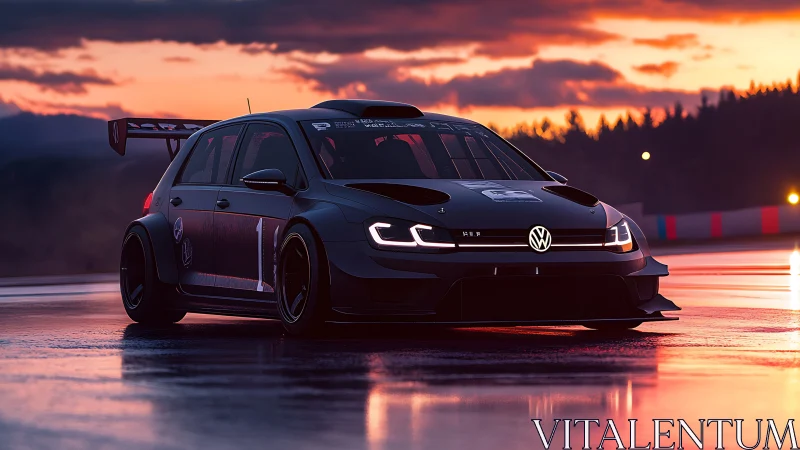 Track-ready Volkswagen race car rendered in cinematic sunset lighting