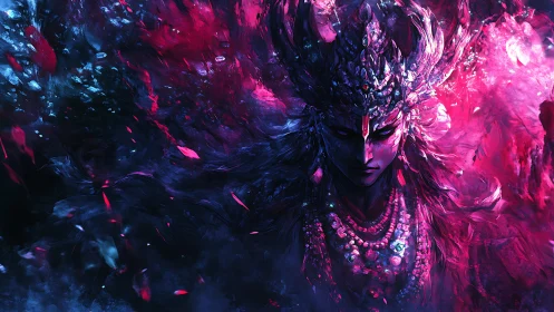 Crystalline dusk goddess emerging from a storm of neon embers.