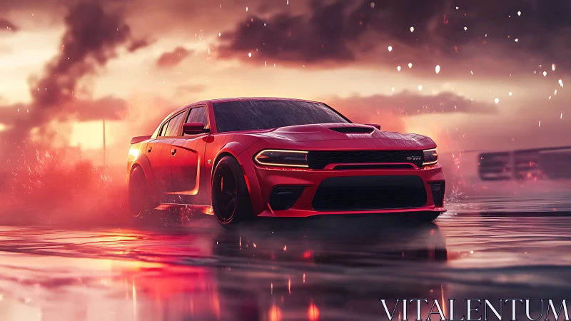 Bold red muscle car gliding through glowing city mist.