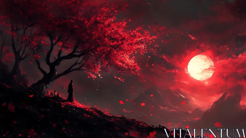 Wanderer beneath crimson moonlight and whispering leaves.