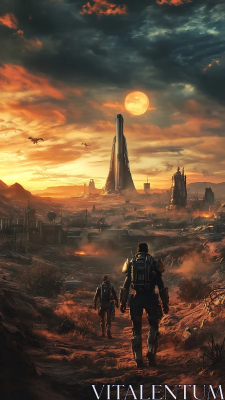 Explorers cross a burned alien wasteland toward a lone tower