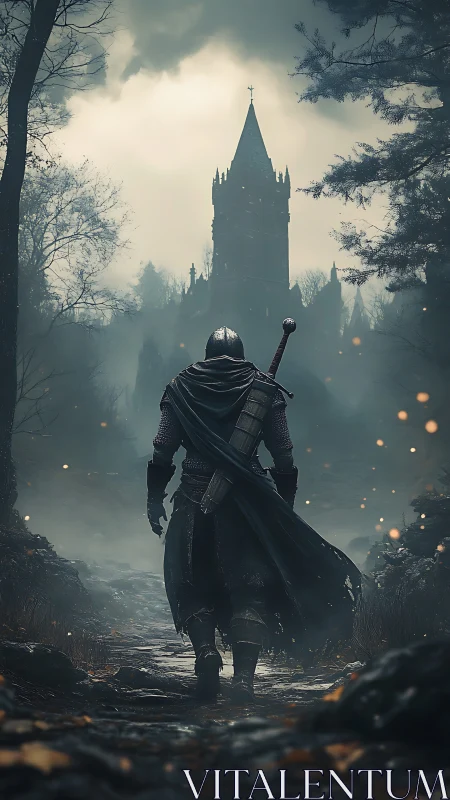 Digital painting of lone knight approaching gothic cathedral.