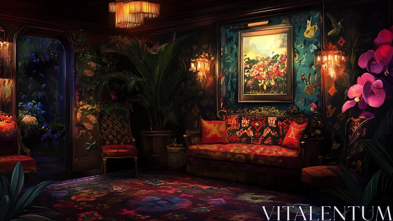 Luxurious floral lounge with jewel-tone lighting and art.