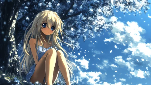 Gentle summer day cradles a quiet girl beneath soft petals