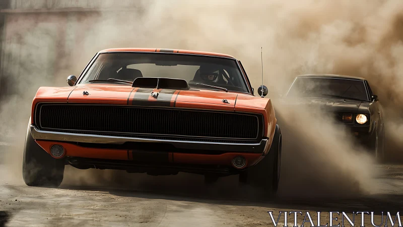 Vintage muscle cars drift through dense golden dust storm.