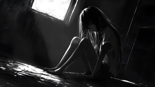 Monochrome anime girl in abandoned room under hard backlight