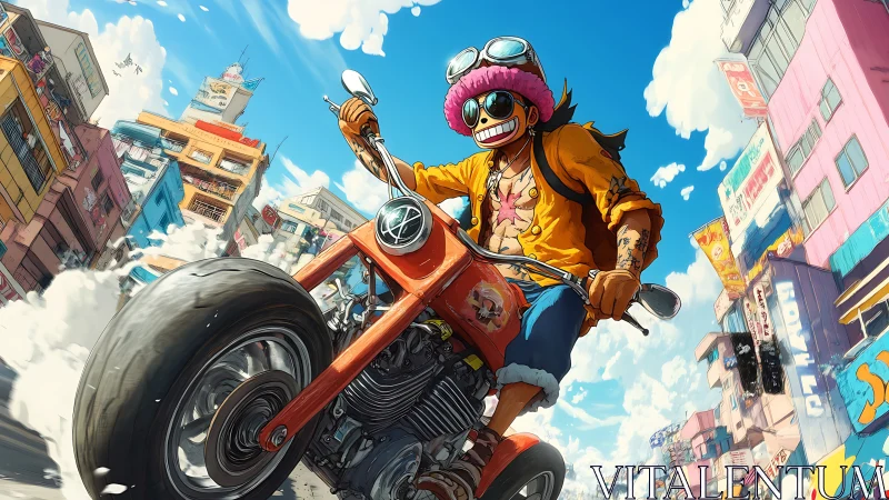 Dynamic low-angle motorcycle rider in stylized urban perspective