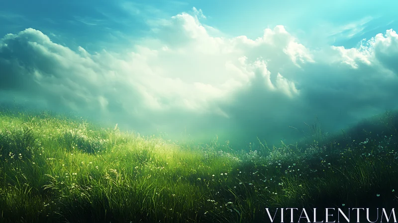 Sunlit wildflower meadow beneath luminous rolling clouds.