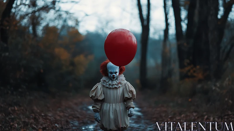 Red balloon clown haunting a misty forest path at dusk.