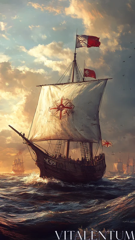 Lateen-rigged carrack under dynamic sunset lighting and rough seas