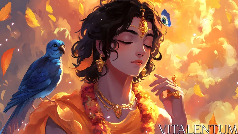 Serene garlanded figure with blue bird in golden light.