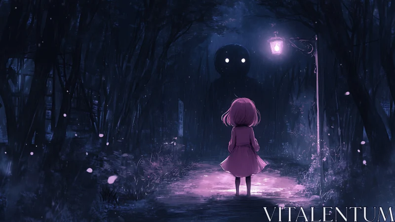 Girl under lamppost confronting glowing-eyed forest shadow.