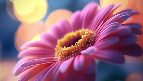 Soft pink daisy glowing gently in dreamy evening light.