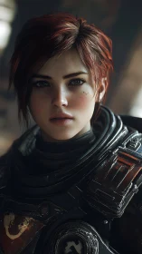 Photorealistic sci-fi portrait of armored female soldier.