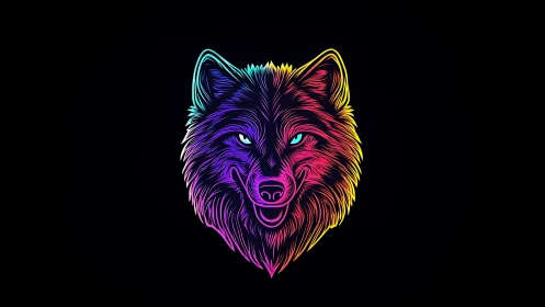 Neon wolf portrait glows with vibrant gradient light lines.