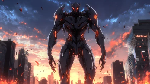 Colossal mech warrior silhouetted against blazing city sunset.