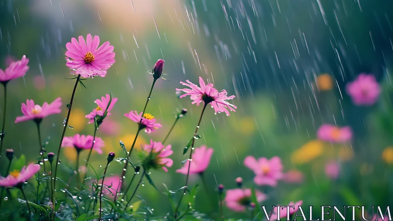 Pink Petals Dance Through Rainfall's Silver Threads.