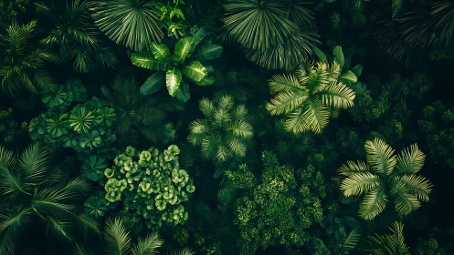 Overhead view of dense tropical foliage and layered canopy.