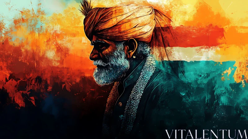 Profile portrait of elderly turbaned man in vivid tricolor field
