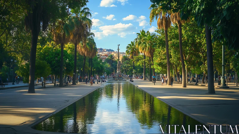 Palm-lined urban promenade mirrors sunset sky reflections.