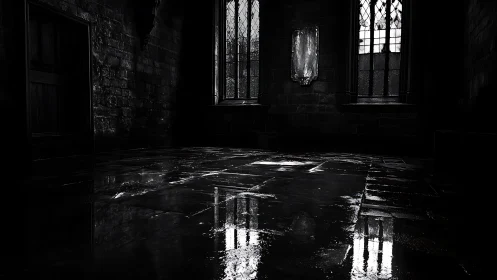 Dark stone corridor shows wet reflective floor and windows