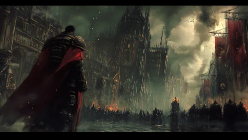 Red-caped warlord stalks a smoldering gothic citadel at dusk.