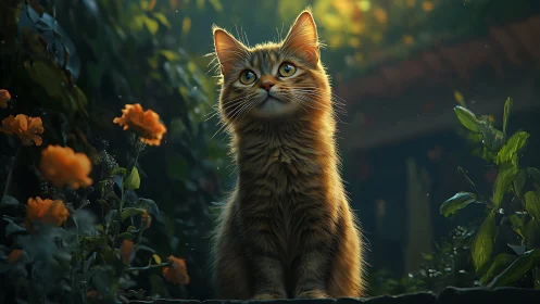 Striped Feline Gazes Upward Through Golden Garden Light